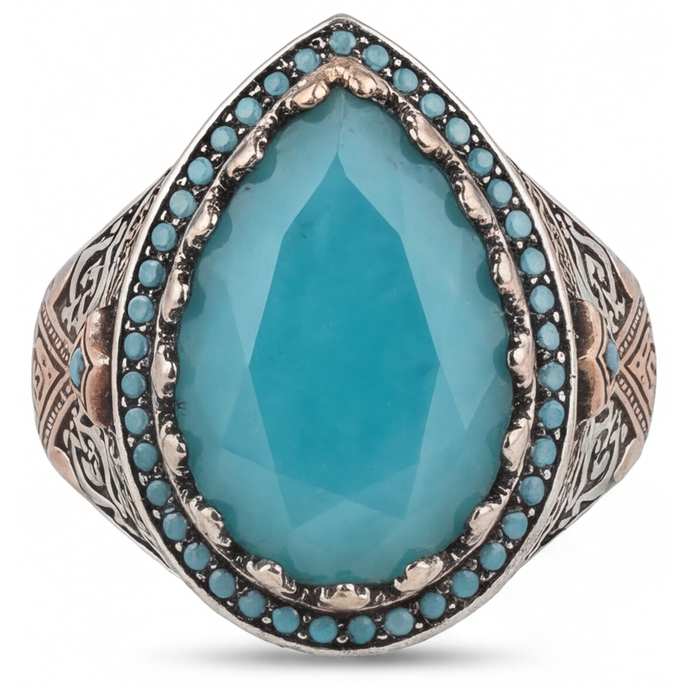 Genuine Turquoise Halo Setting Ring 8.5 ct Two-Tone 14K Gold – front view