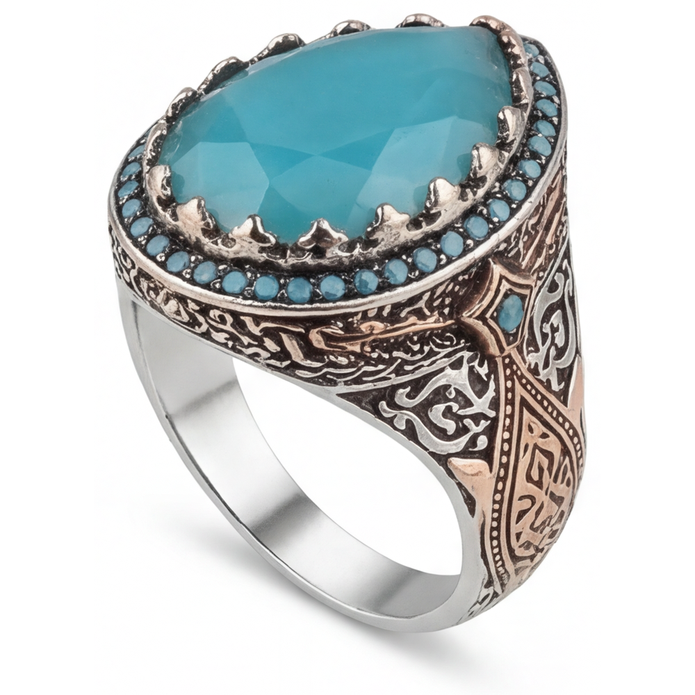 Pear Shape Turquoise ring in Two-Tone 14K Gold – side view