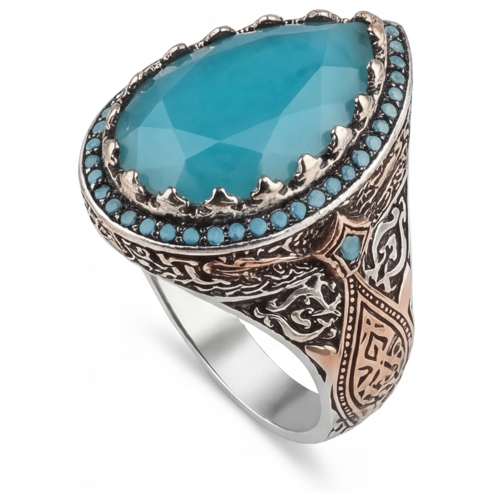 Turquoise Halo Setting Ring 8.5-ct Two-Tone 14K Gold – angle view