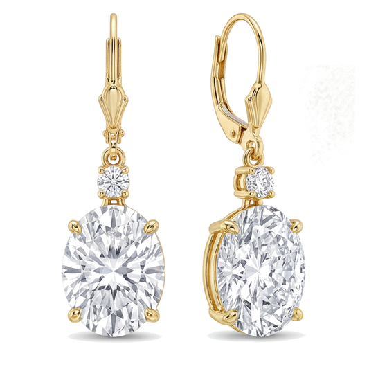 White Diamond Drop Earrings 3 Carat Lab Grown Oval Leverback 14K Yellow Gold