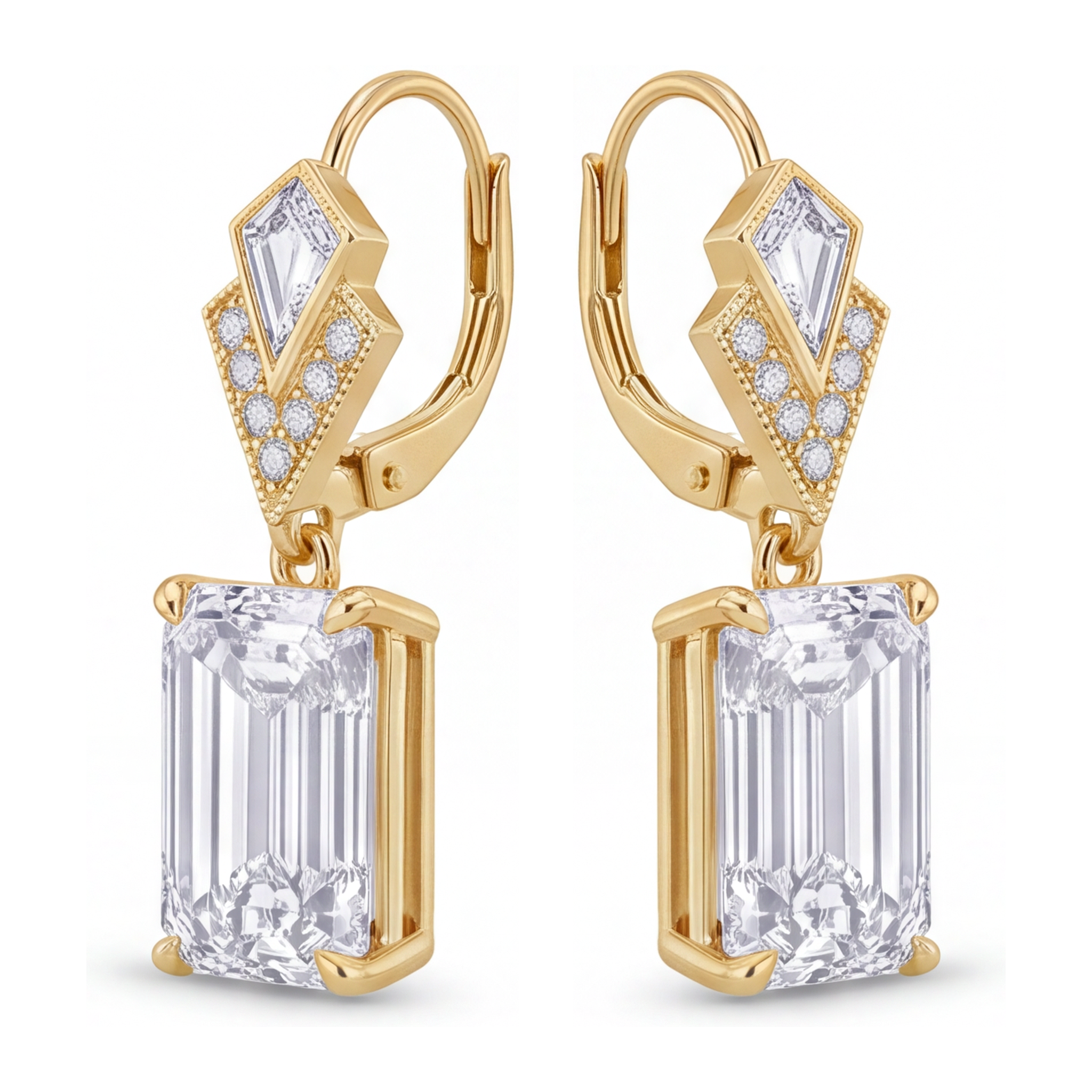 White Diamond Drop Earrings 4 Carat Lab Grown Emerald Cut Art Deco 14K Yellow Gold