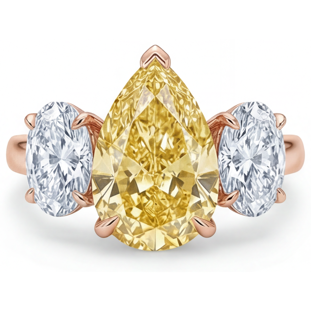 Yellow Canary Diamond Pear Shape 3-Stone Ring in 14K Rose Gold – front view