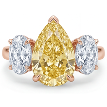 Yellow Canary Diamond Pear Shape 3-Stone Ring in 14K Rose Gold – front view