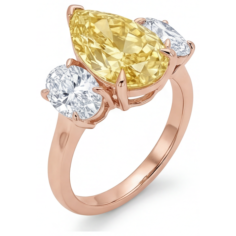 Yellow Canary Diamond Pear Shape 3-Stone Ring in 14K Rose Gold – profile view