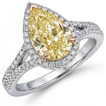 Yellow Canary Diamond Pear Shape Halo Engagement Ring in 14K Two Tone Gold – front view