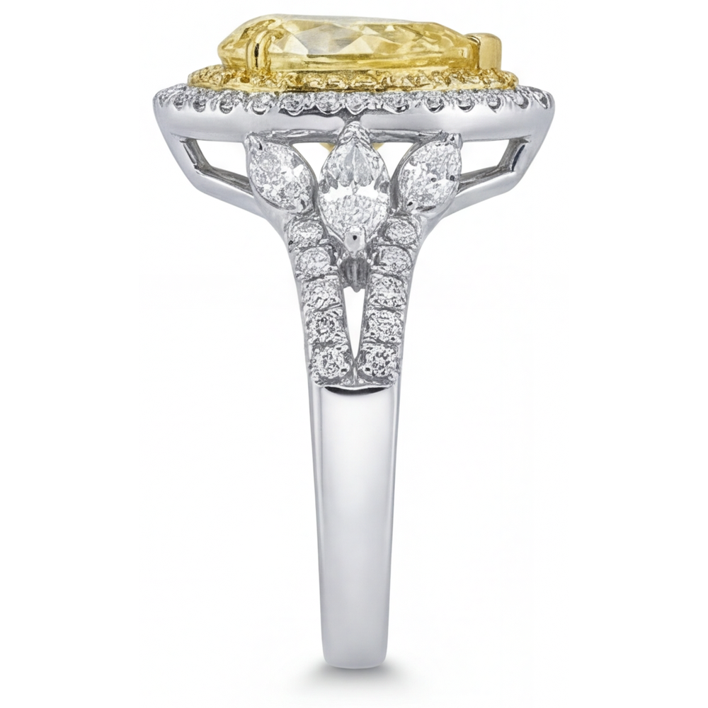 Yellow Canary Diamond Pear Cut Halo Setting Ring in Two-Tone 14K Gold – top view