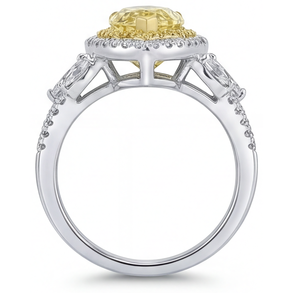 Yellow Canary Diamond Pear Cut Halo Setting Ring in Two-Tone 14K Gold – detail view