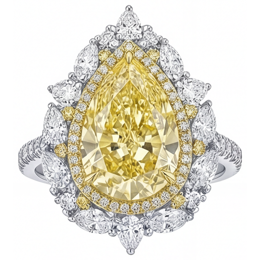 Pear Shape Yellow Canary Diamond ring in 14 Karat Two Tone Gold – front view