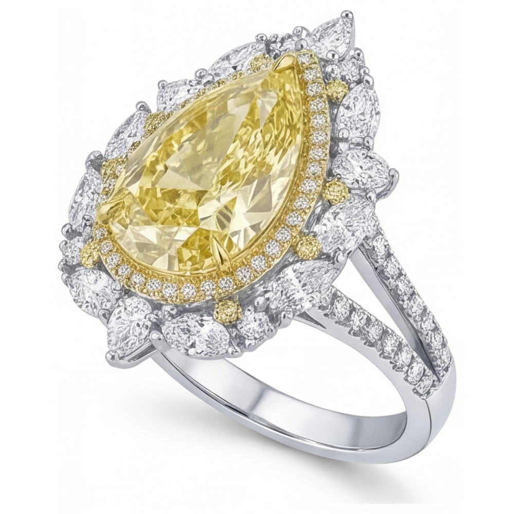 Yellow Canary Diamond Pear Shape Halo Setting Ring in 14 Karat Two Tone Gold – angle view