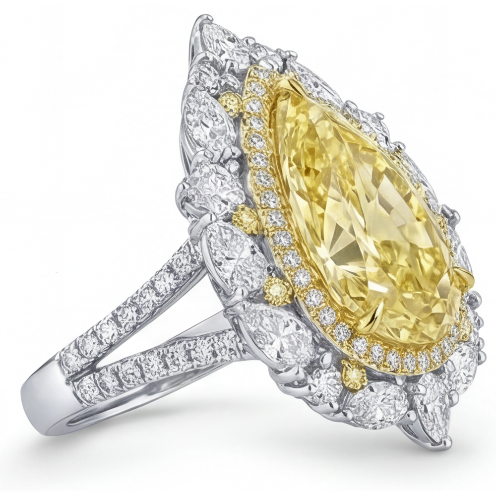 Yellow Canary Diamond Pear Shape Halo Setting Ring in 14 Karat Two Tone Gold – profile view