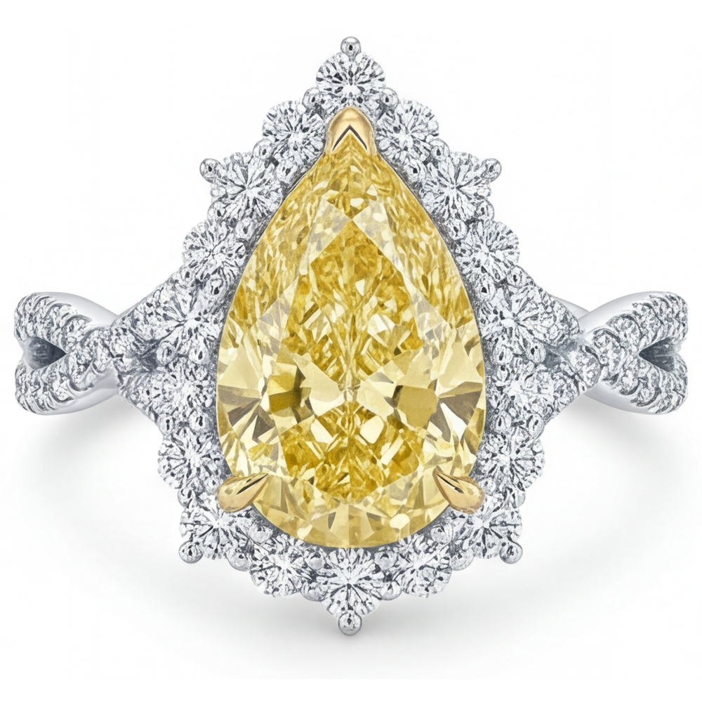 Yellow Canary Diamond Pear Cut Halo Setting Ring in Two-Tone 14K Gold – main view