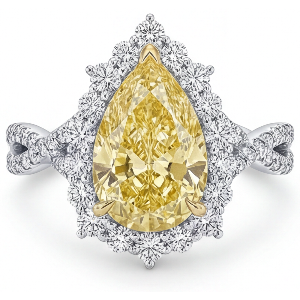 Real Yellow Canary Diamond Halo Setting Ring 3.75 ct Two-Tone 14K Gold – front view