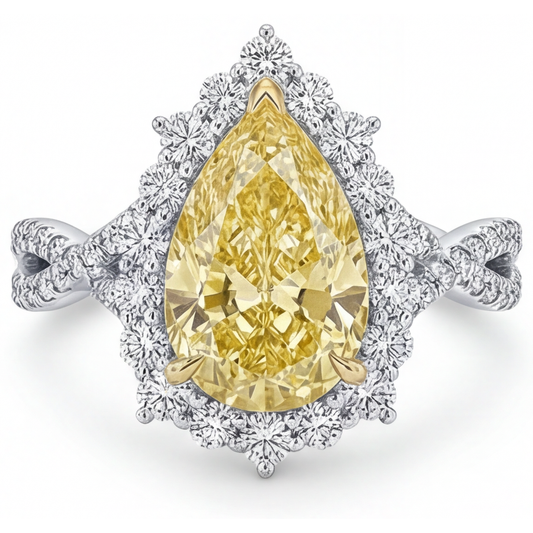 Real Yellow Canary Diamond Halo Setting Ring 3.75 ct Two-Tone 14K Gold – front view