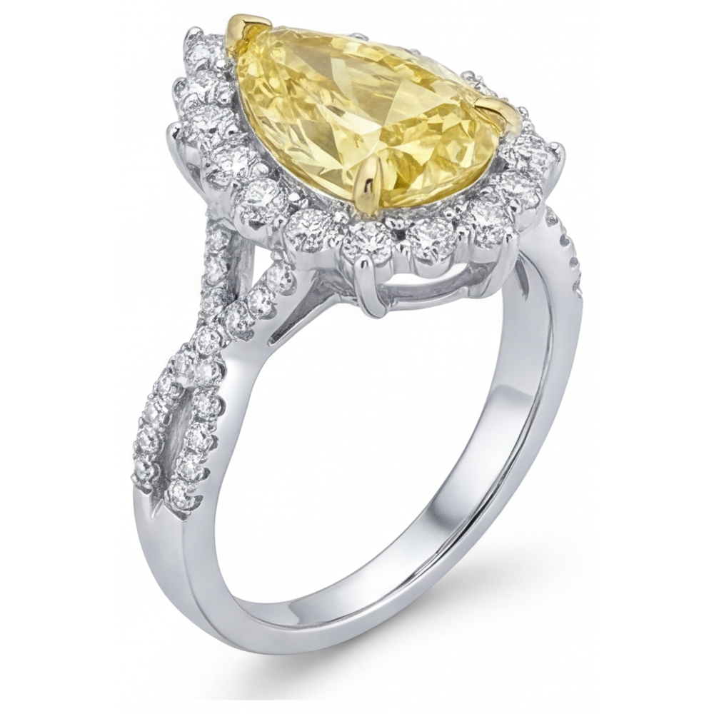 Yellow Canary Diamond Pear Cut Halo Setting Ring in Two-Tone 14K Gold – angle view