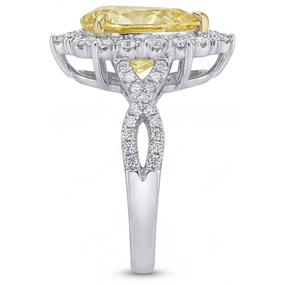 Pear Cut Yellow Canary Diamond ring in Two-Tone 14K Gold – top view
