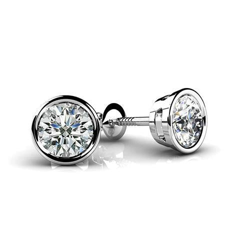 1 Carat Bezel Set Round Cut Diamond Stud Earring White Gold 14K