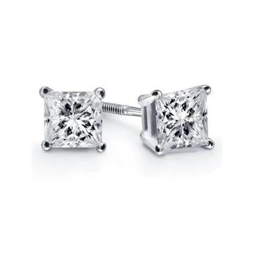 1 Carat Diamond Stud Earring Four Prong Set Princess Cut Gold White 14K