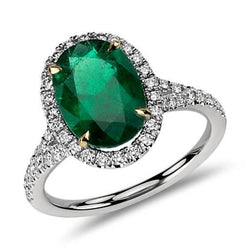 10 Carats Oval Green Emerald And Round Natural Earth Mined Diamond Ring Fine Jewellery