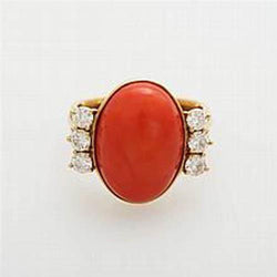 10.25 Carats Big Red Coral With Diamonds Ring New Yellow Gold 14K