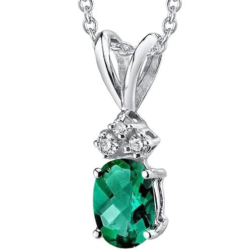 11 Ct Prong Set Green Emerald With Diamond Pendant 14K White Gold