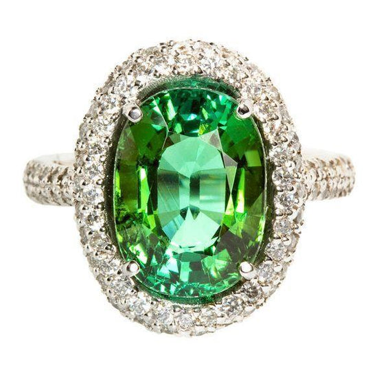 11 Ct Green Oval Cut Tourmaline Diamond Wedding Ring 14K White Gold