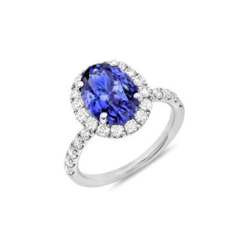 11.25 Carats Oval Tanzanite With Round Diamonds Ring 14K White Gold