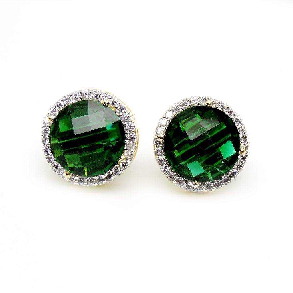 11.56 Ct Halo Green Tourmaline Diamond Stud Earring 14K Yellow Gold