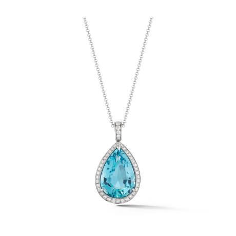 11.75 Ct Pear Aquamarine With Round Diamonds Pendant 14K White Gold