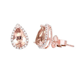 12.10 Ct. Pear Morganite And Round Natural Earth Mined Diamonds Studs Earrings Gold 14K