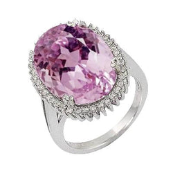 12.40 Ct Oval Pink Kunzite With Diamond Ring White Gold 14K