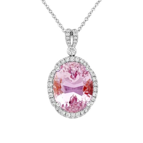12.50 Carats Pink Oval Kunzite With Diamond Pendant White Gold 14K