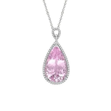 12.50 Ct Pear Cut Pink Kunzite With Diamond Pendant White Gold 14K