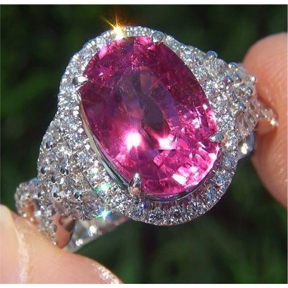 13.25 Ct Pink Tourmaline And Diamonds Wedding Ring Gold White 14K