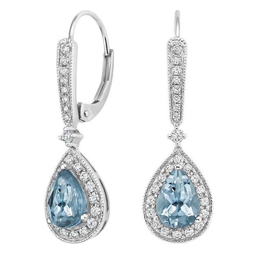 13.50 Carats Aquamarine With Diamonds Dangle Earrings Gold White 14K