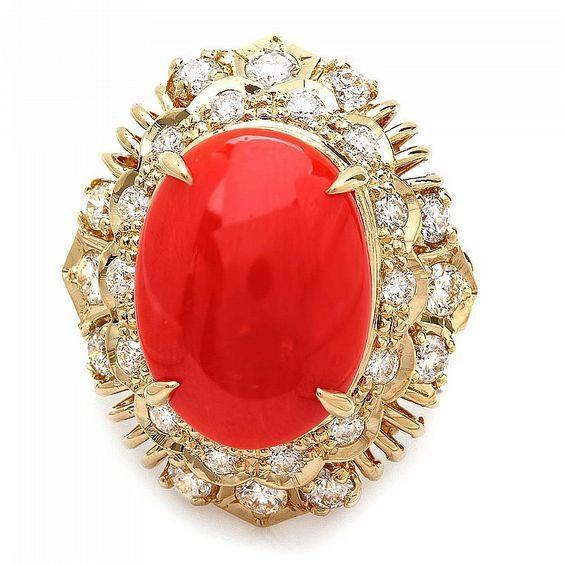 13.50 Ct Oval Red Coral With Round Diamonds Ring Yellow Gold 14K