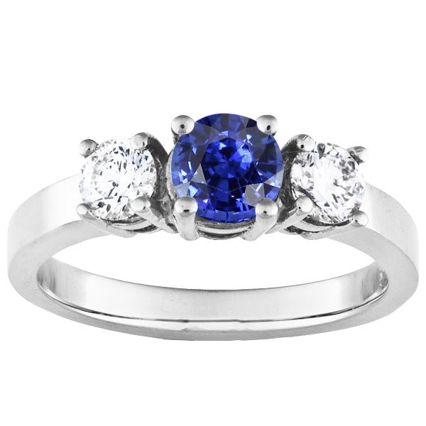 14K Gold Three Stone Engagement Ring Round Ceylon Sapphire 2.50 Carats