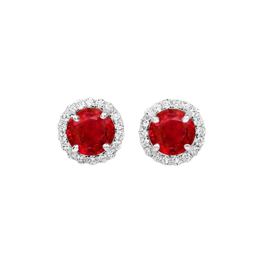 14K White Gold 4.50 Carats Round Ruby And Diamonds Studs Earrings