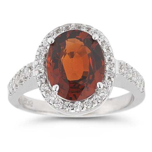 14K White Gold Oval Garnet With Diamonds 13.25 Ct Wedding Ring