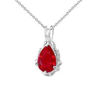 14K White Gold Pear Cut 5 Ct Solitaire Red Ruby Pendant Necklace
