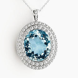 14K White Gold Pendant With Chain 14 Carats Aquamarine And Diamonds