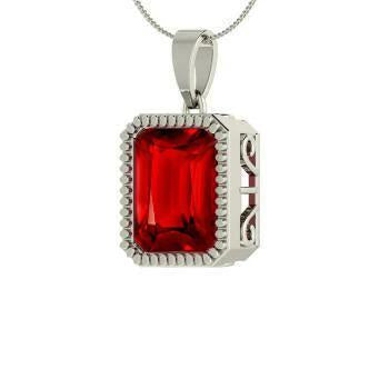 14K White Gold Red Ruby Emerald Cut 5 Carat Pendant Necklace New