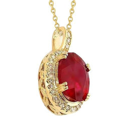 14K Yellow Gold Ruby With Diamonds 6.55 Carats Pendant Necklace