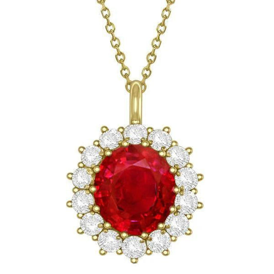 14K Yg Ruby And Diamonds 8.40 Carats Pendant Necklace With Chain