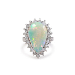 14.25 Ct Ladies Pear Opal And Round Natural Earth Mined Diamonds Ring White Gold 14K