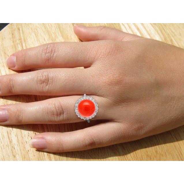 15.25 Ct Big Red Coral And Diamonds Engagement Ring White Gold 14K