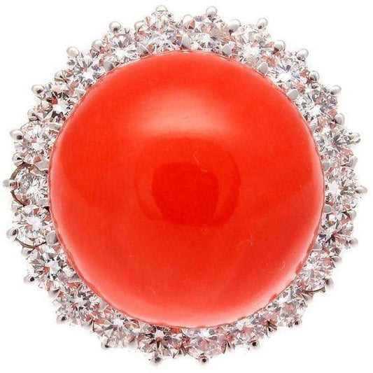15.25 Ct Big Red Coral And Diamonds Engagement Ring White Gold 14K