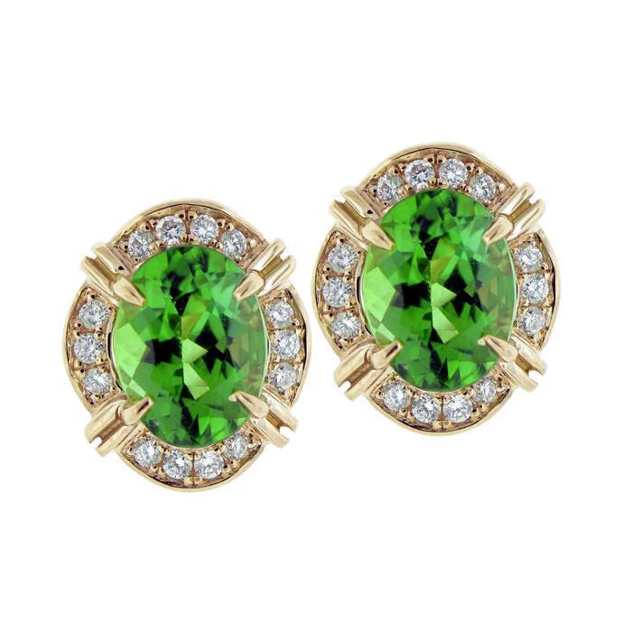 15.28 Carats Oval Green Tourmaline Diamond Stud Earring 14K Yellow Gold