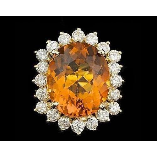 15.50 Ct Oval Cut Citrine And Diamond Wedding Ring Yellow Gold 14K
