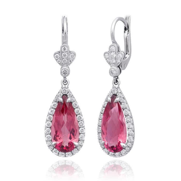 16 Carats Pink Tourmaline With Diamonds Dangle Earrings 14K Gold