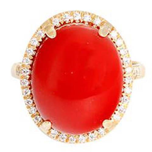 17 Ct Big Red Coral And Small Diamonds Wedding Ring Gold 14K